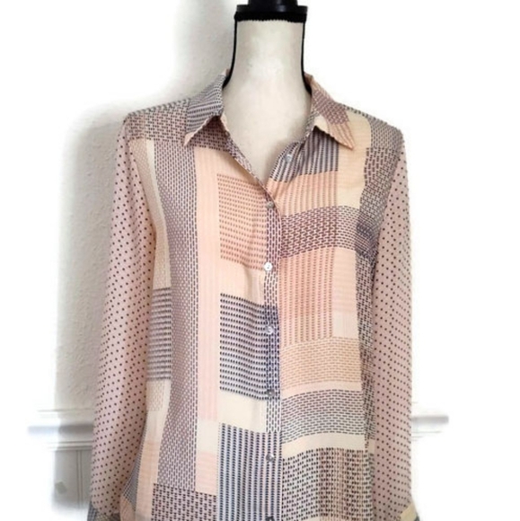 Rose & Olive Tops - Rose & Olive Semi Sheer Long Sleeve Polka Dot Check Pattern Peach Black & Blue T